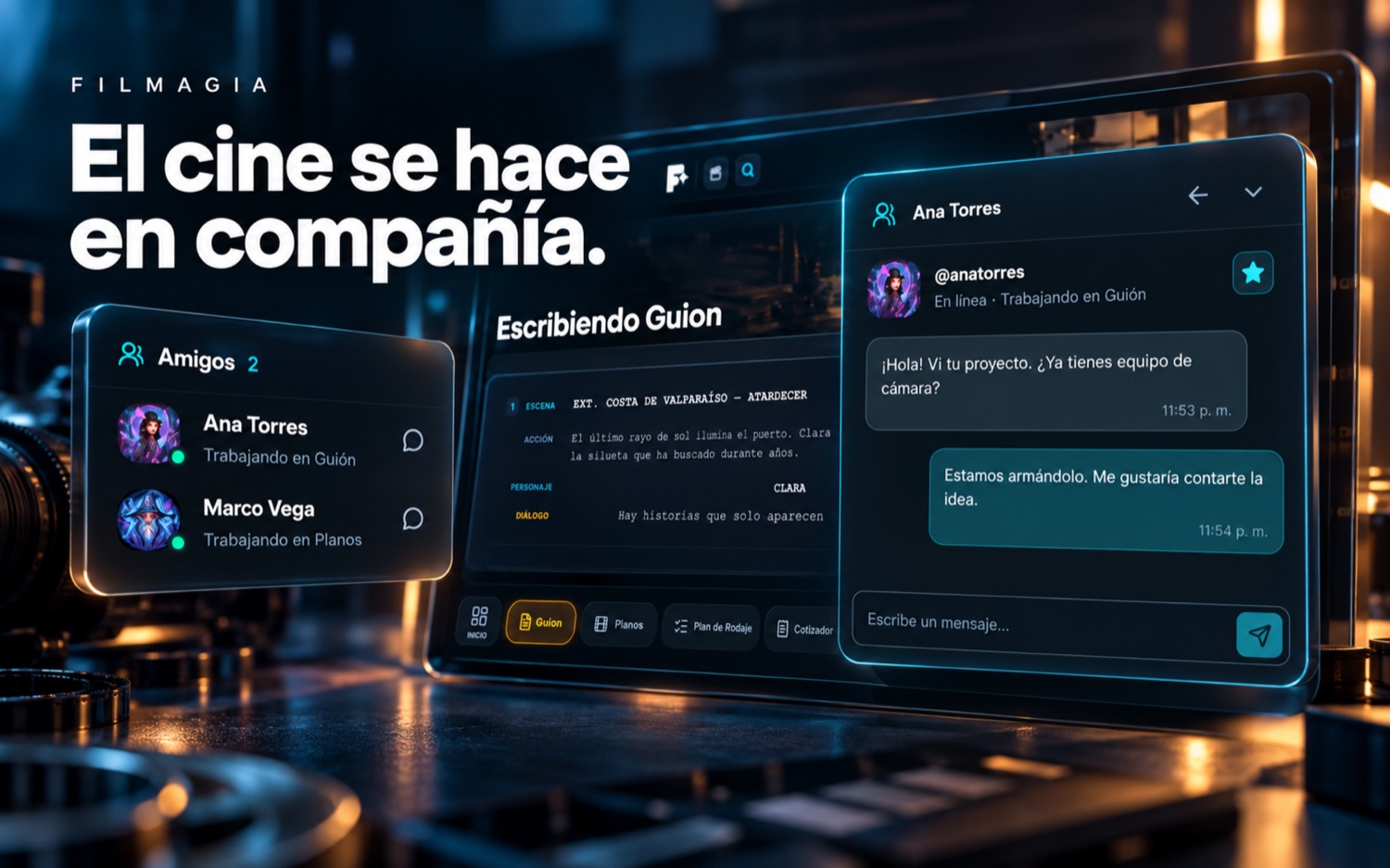 Chat integrado de Filmagia y amistades que están trabajando en Guión y Planos; perfiles y conversación ficticios