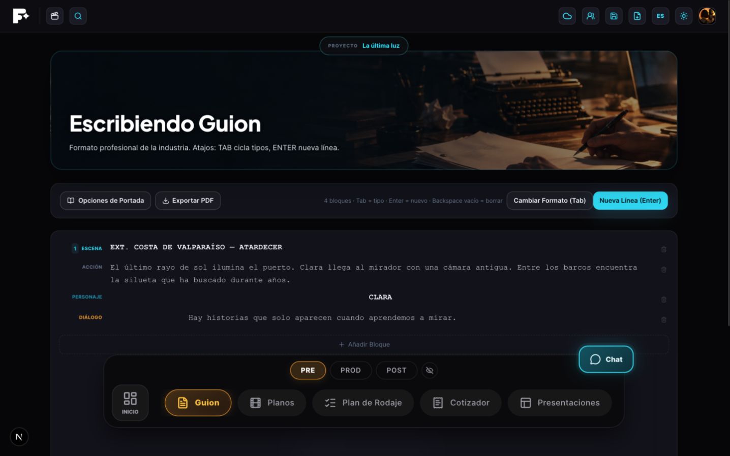 Editor de guion del proyecto ficticio La última luz